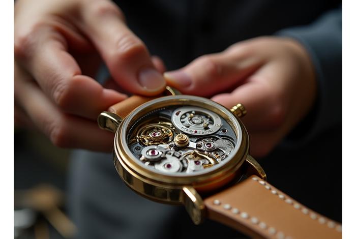 精密な時計のムーブメントを手作業で組み立てる職人の手元